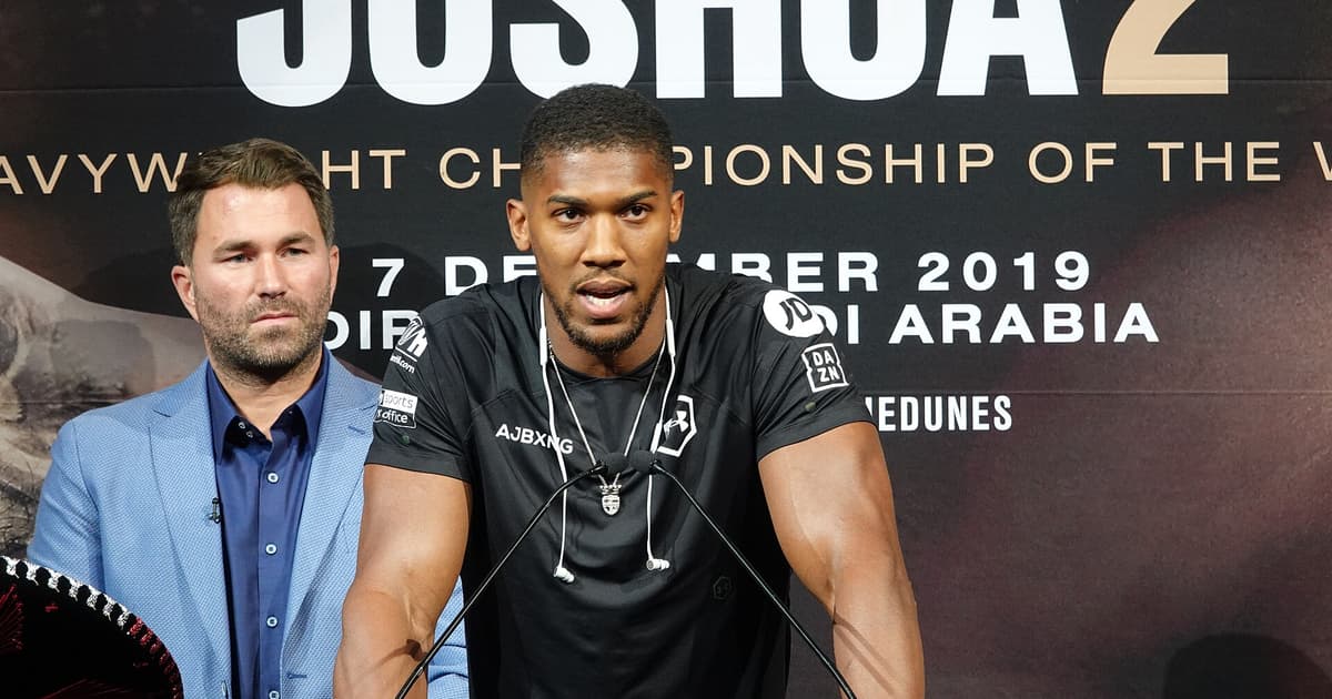 Anthony Joshua speaking at a pre-fight press conference ahead of a Saudi Arabia fight night