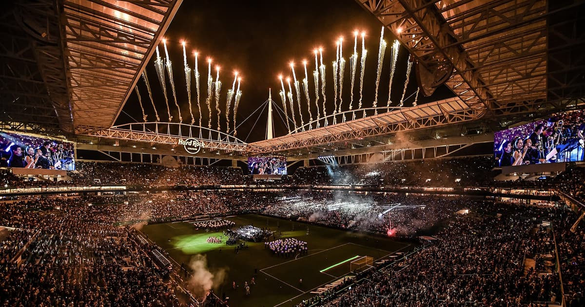 Hard Rock Stadium in Miami Gardens packed for a major football match, with fireworks above the canopy